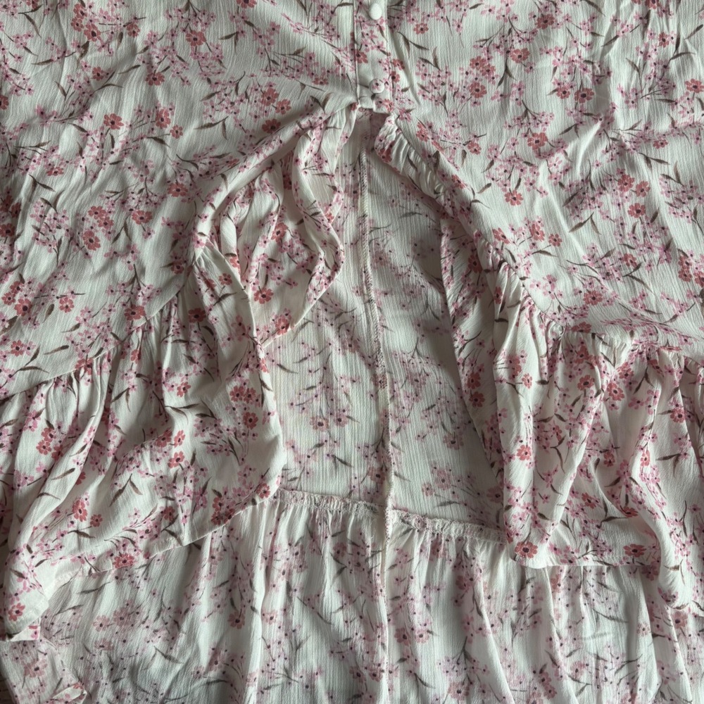 Lulus Floral High-Low Midi Skirt White Pink White Button Front Ruffle XL NWT - Picture 8 of 8